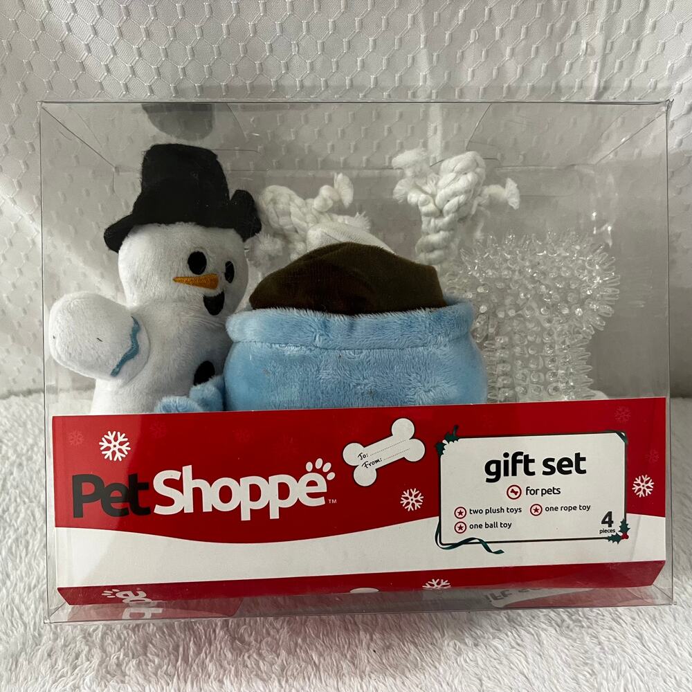 Pet Shoppe Christmas/Holiday White Snowman Plush 4 Pet/Dog Toys Gift Set
